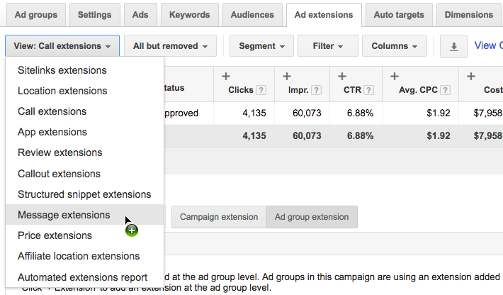 adwords message extensions