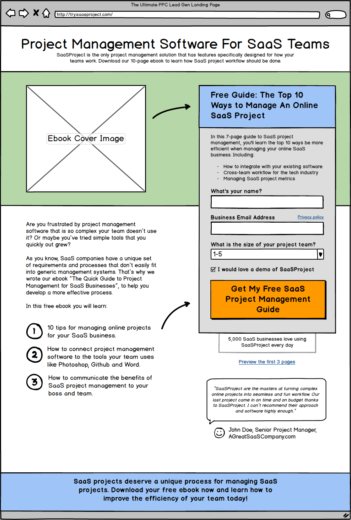 An example wireframe for a full PPC landing page
