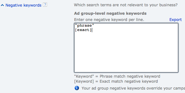 adCenter exact match negative keyword addition