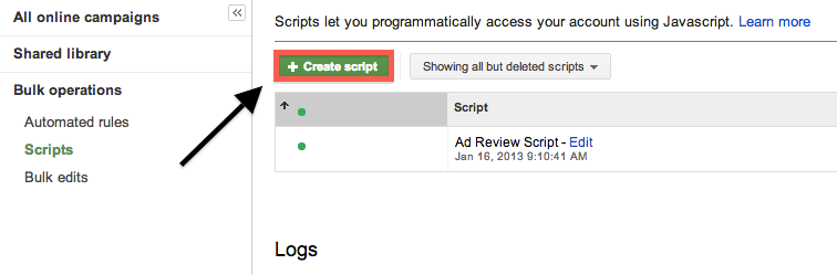 Click the highlighted button to create a new script.