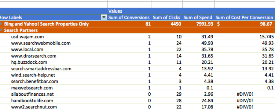 pivot table of Bing Search Partners