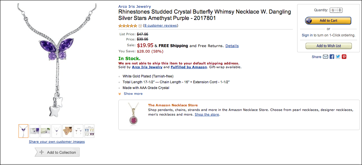 Rhinestones studded crystal butterfly necklace on Amazon