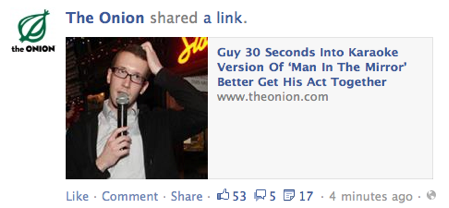 A facebook post from the Onion showing a man singing kareoke