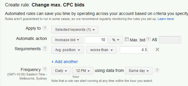 An AdWords automated rule for bidding up a keyword
