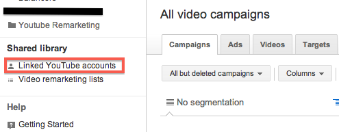 A depiction of how to link your AdWords and Youtube accounts in the Shared Library.