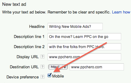 A mobile preferred Google AdWords ad for PPC Hero