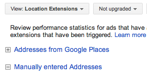Location extensions tab in Google AdWords showing not upgraded settings