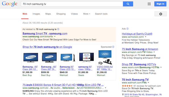 A set of PLA results in the Google SERP for Samsung TVs