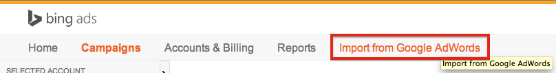 The "Import from Google AdWords" button in the Bing interface.