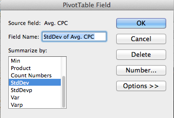 Standard deviation in a Pivot Table.