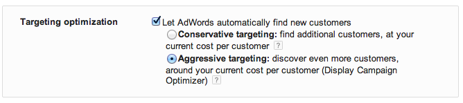 Options for turning on display optimization in Google AdWords