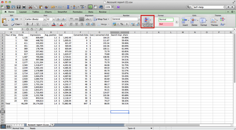 Conditional formatting in the Excel interface.
