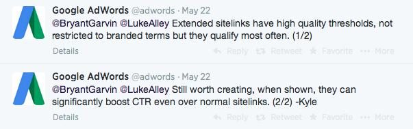 adwords twitter responding to extended sitelink questions