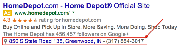 home depot ppc ad showing location extensions