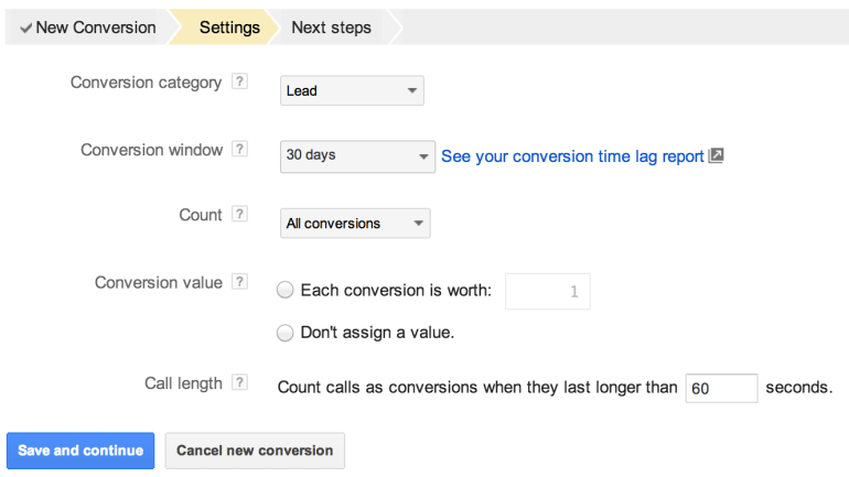 call conversion tracking settings