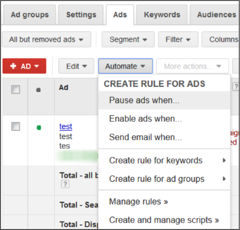 Image of rule creation in AdWords