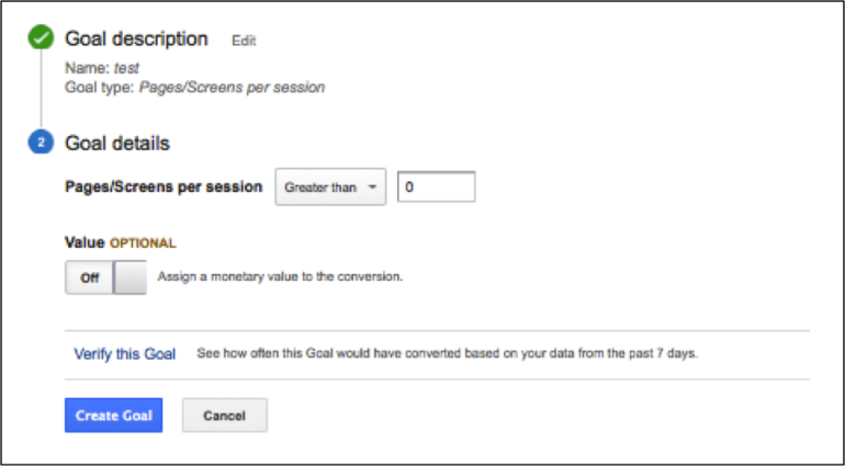 Google Analytics Pages Per Session Goal Setup