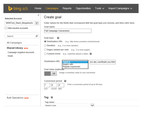 Creating an event goal in Bing