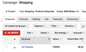 Image of single ad group shopping campaign