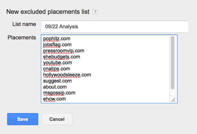Google Adwords Exluded Placement List