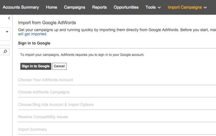 adwords to bing import