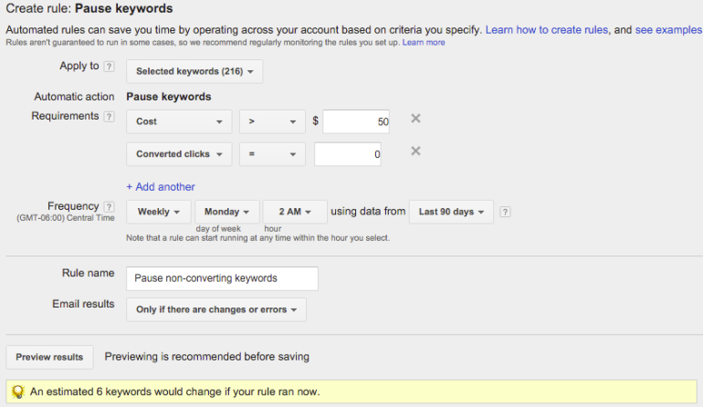 adwords automated high CPA keyword rules