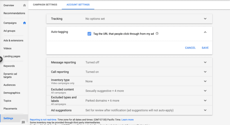 Google Ads account settings for autotagging