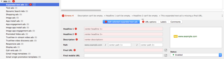 adwords editor expanded text ads