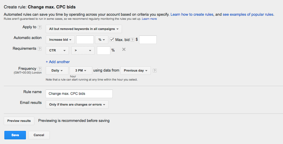 Review your AdWords automated rules