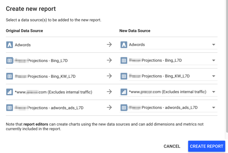 Select data sources for the new report