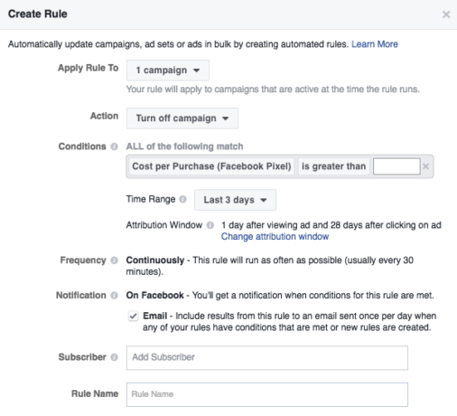 Creating Facebook automated rules