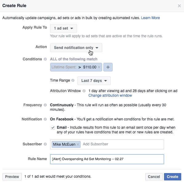 Facebook Automation ad set spend monitoring email alert