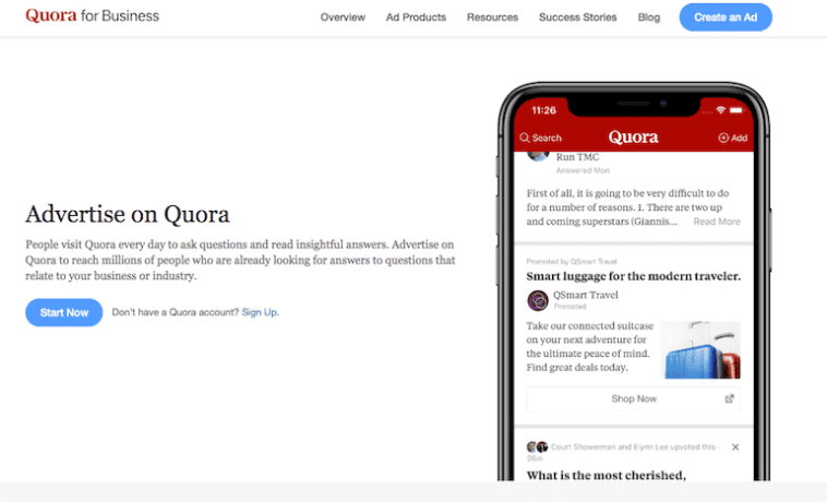 quora advertising sign up