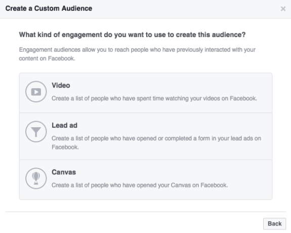 Previous options available for creating custom audiences