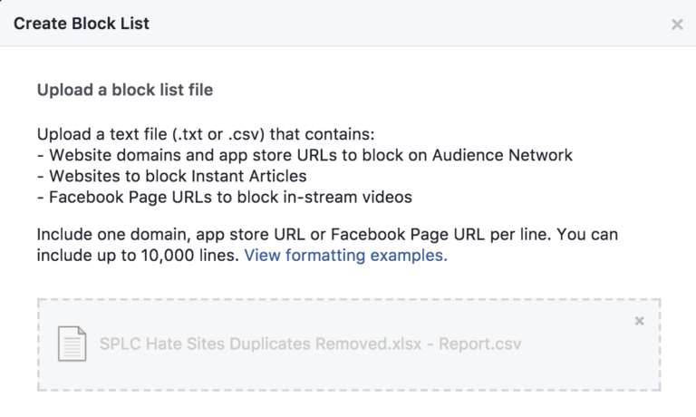Facebook block list upload