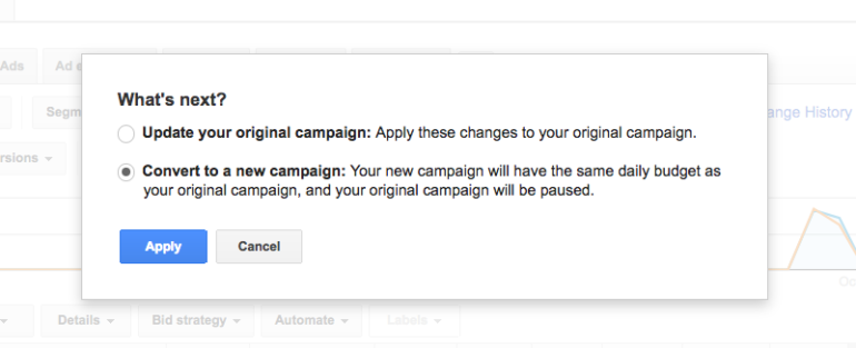 Options for changing an experiment to an ongoing ad campaign