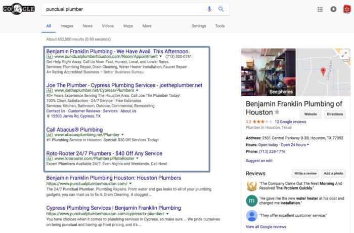 Branded Google search results example