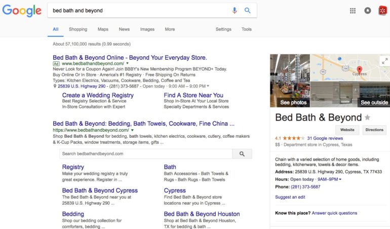 Bed Bath & Beyond Google organic search results