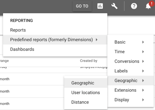 Accessing the geographic report via the AdWords menu