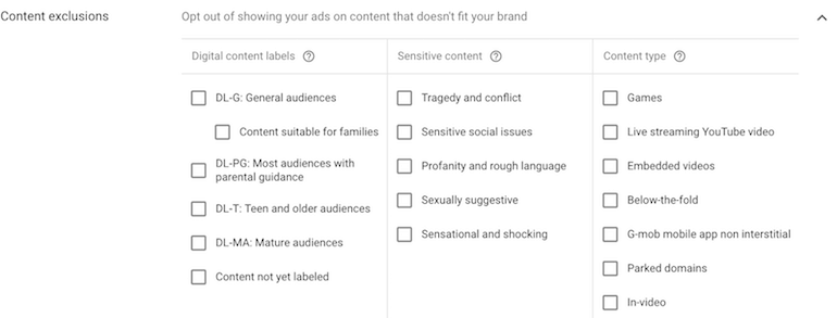 google ads content exclusions