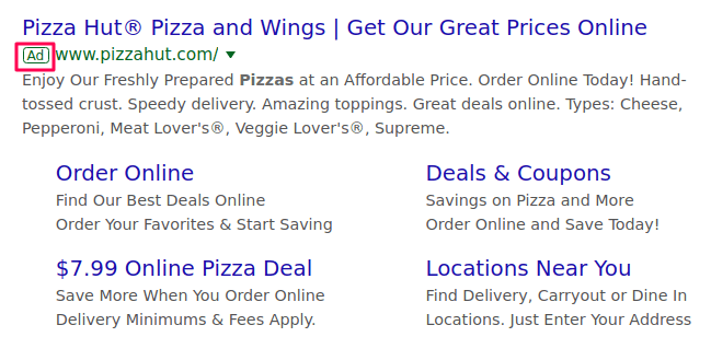 Google Ads example of pizza ad