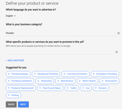 Google Ads define your product or service settings with Google suggestions