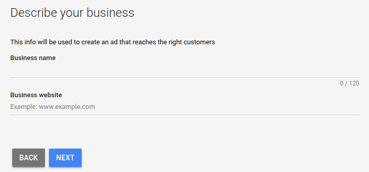 Google Ads describe your business settings screen