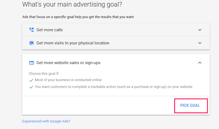 Google Ads setting screen for advertising goal selection