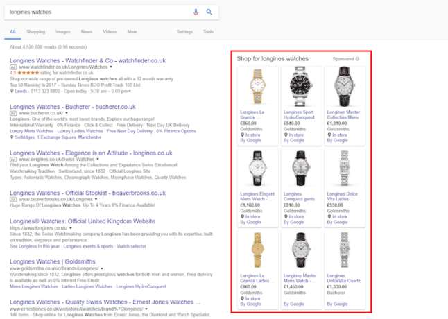Google Ads search results for shopping ads