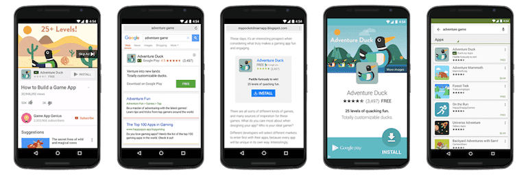 Five different examples of Google Ads universal app campaign (UAC) ad placement