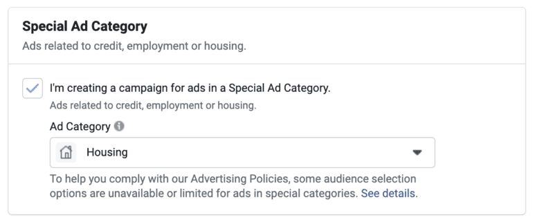 Facebook special ad category selector