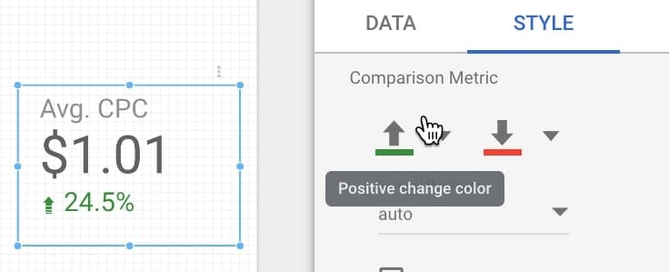 Google Data Studio adjust comparison metrics attribute like color