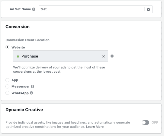 Facebook interface showing dynamic creative set up