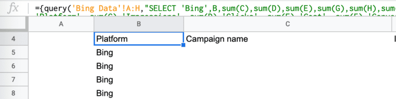 google sheets query function label result
